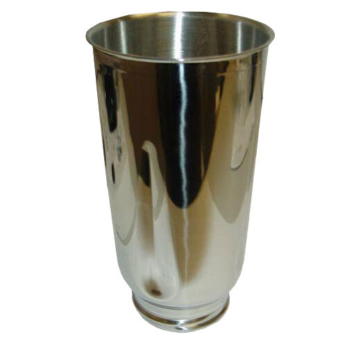 A close-up of a stainless steel Hamilton Beach blender cup with a handle.