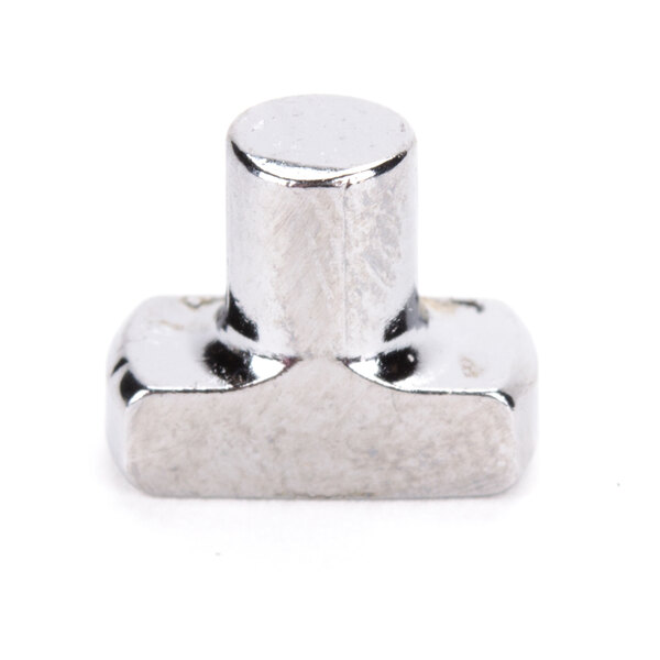 A close-up of a metal knob with a metal cylinder on a white background.