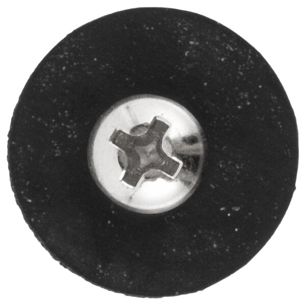 A black rubber circle with a metal screw in the center.