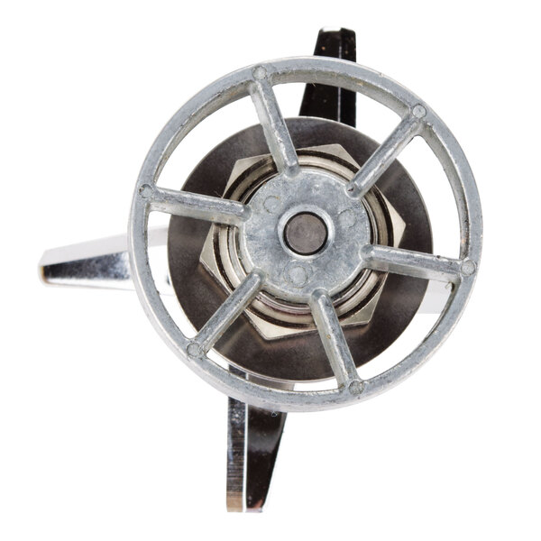 A close-up of a metal blending wheel with a metal rim.