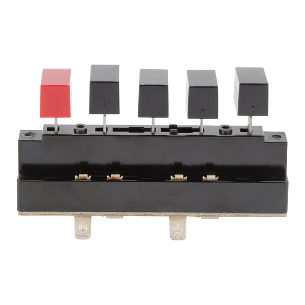 A black rectangular switch with five buttons, four red and one black.