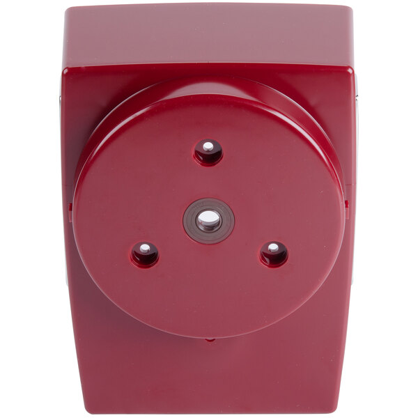 A red box with a circular Robot Coupe motor support with holes.