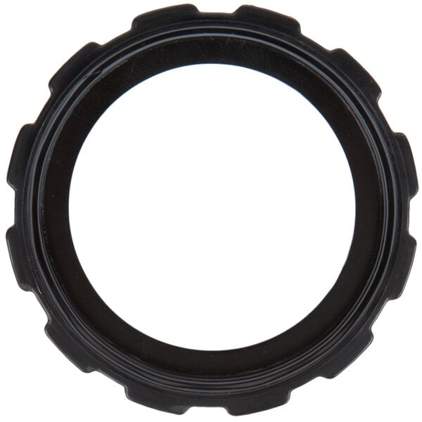 A black circular rubber seal for a Hamilton Beach blender container base on a white background.