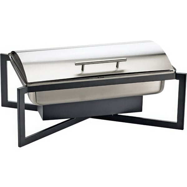 A black rectangular Cal-Mil chafing dish with a roll top lid on a table.