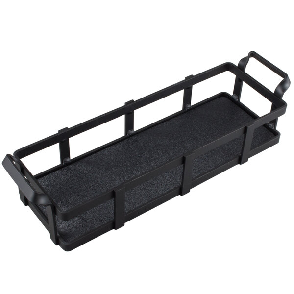 A black rectangular metal-framed Cal-Mil condiment display tray with metal handles.