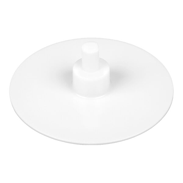 A white plastic discharge plate for a Robot Coupe food processor.