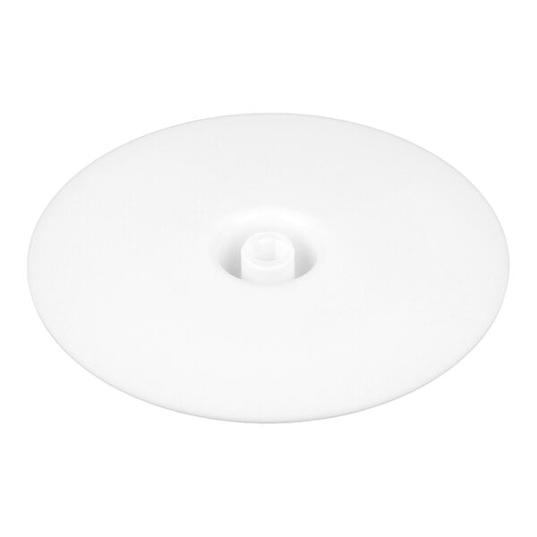 A white plastic discharge plate for a Robot Coupe food processor.