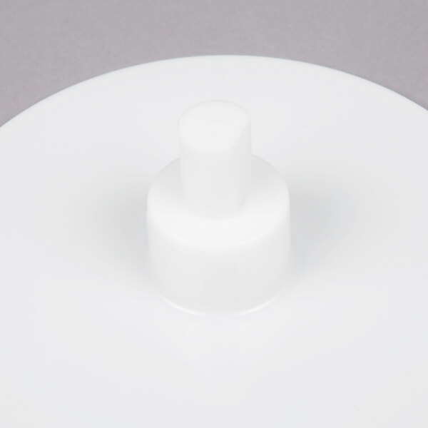 A white plastic discharge plate with a hexagon on top.