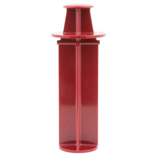 A red rectangular Robot Coupe small vegetable pusher with a round top.