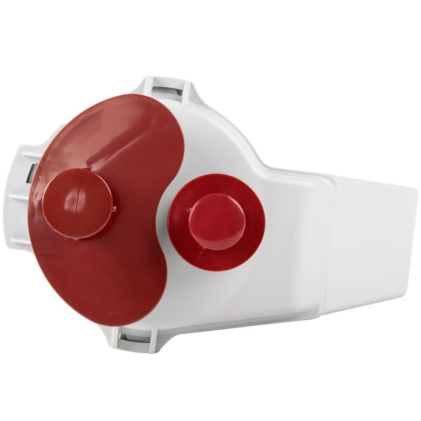 A white and red Robot Coupe small vegetable pusher with a red knob.
