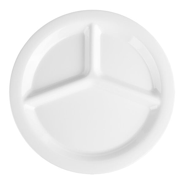 A close up of a Carlisle white melamine plate with three sections.
