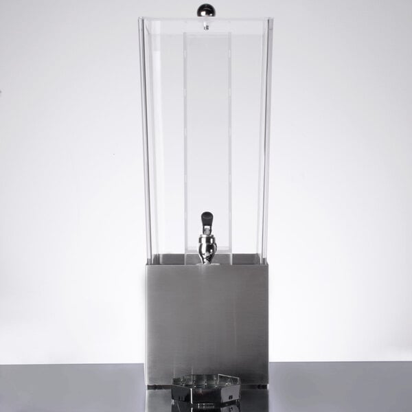 A Cal-Mil infusion beverage dispenser with a stainless steel base.