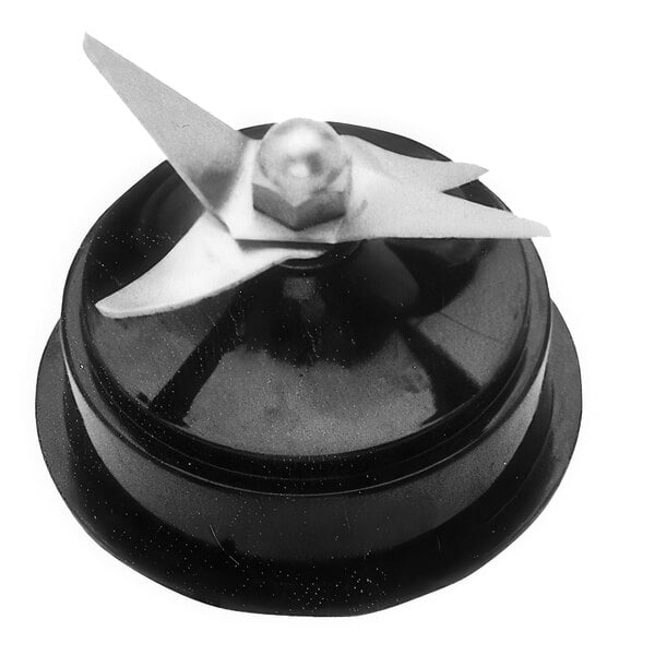 A black and silver Hamilton Beach cutter assembly with a metal blade.