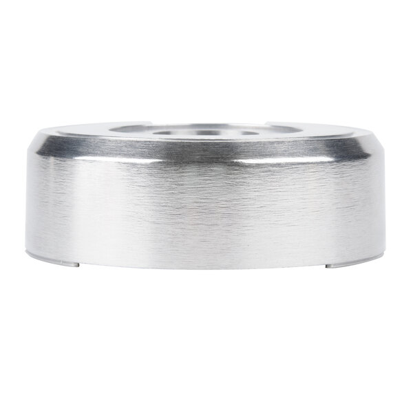 A stainless steel round base for a Waring blender.