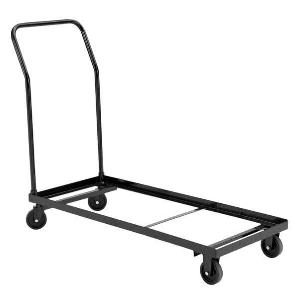 A black National Public Seating folding chair dolly with wheels.