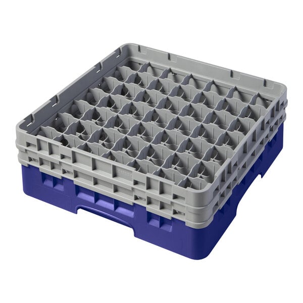 A navy blue plastic Cambro glass rack with grey extenders.