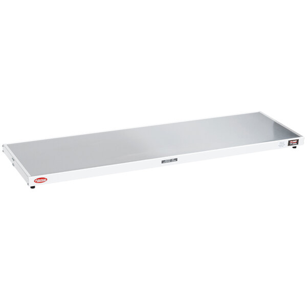 A white rectangular Hatco heated shelf with a red handle.
