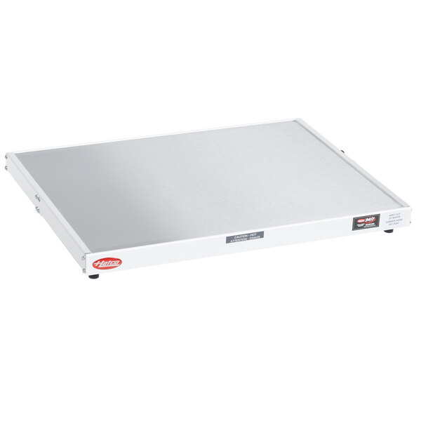 A white rectangular Hatco heated shelf warmer with a red logo.