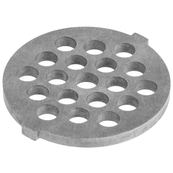 A Galaxy 1/4" grinding plate for a meat grinder, a circular metal object with holes.