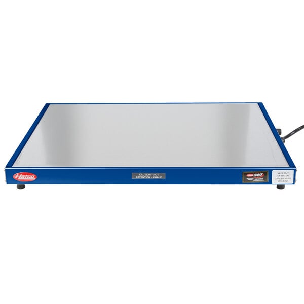 A white rectangular metal shelf with a blue border on a wire stand.