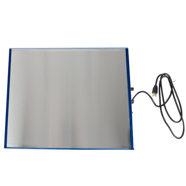 A rectangular navy metal Hatco heated shelf with a wire attached.