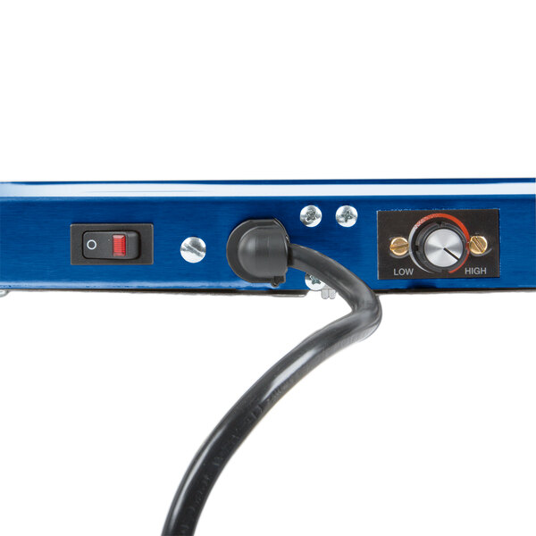 A blue Hatco heated shelf warmer with a plug.