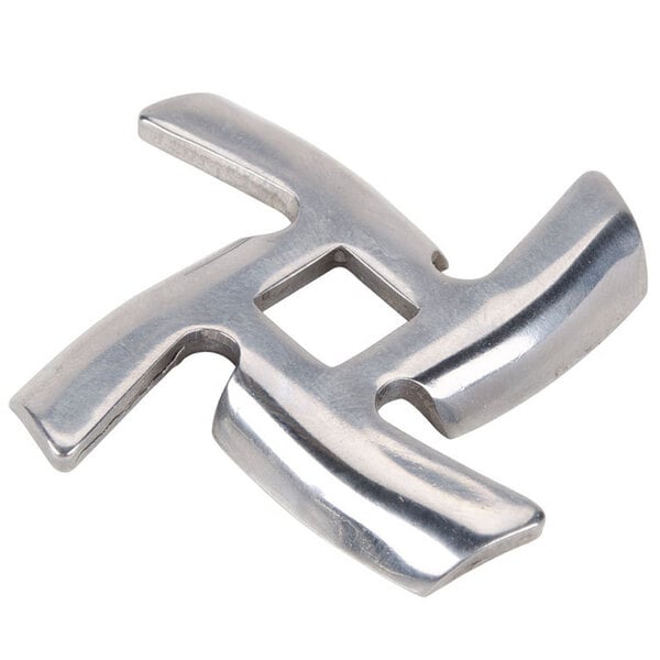 A silver stainless steel knife with a square cut out.