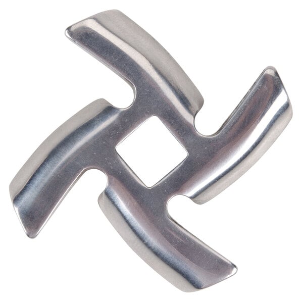 A silver metal Galaxy #5 meat grinder knife with a square center and four holes.