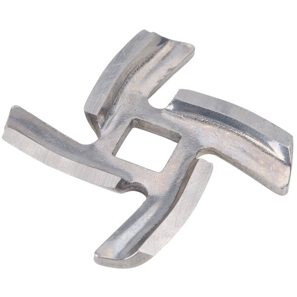 A stainless steel Galaxy replacement knife for a meat grinder with a square hole.