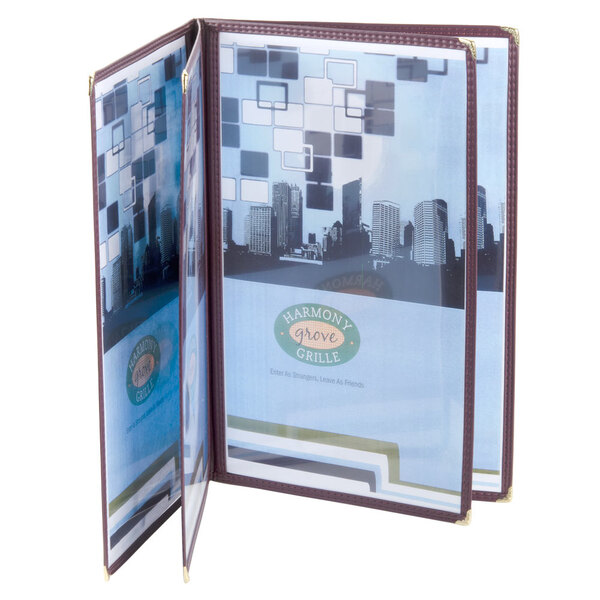 A burgundy Menu Solutions quad panel menu jacket with a close-up of a menu inside.