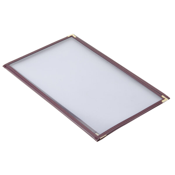 A burgundy rectangular Menu Solutions menu jacket with white interior panels.