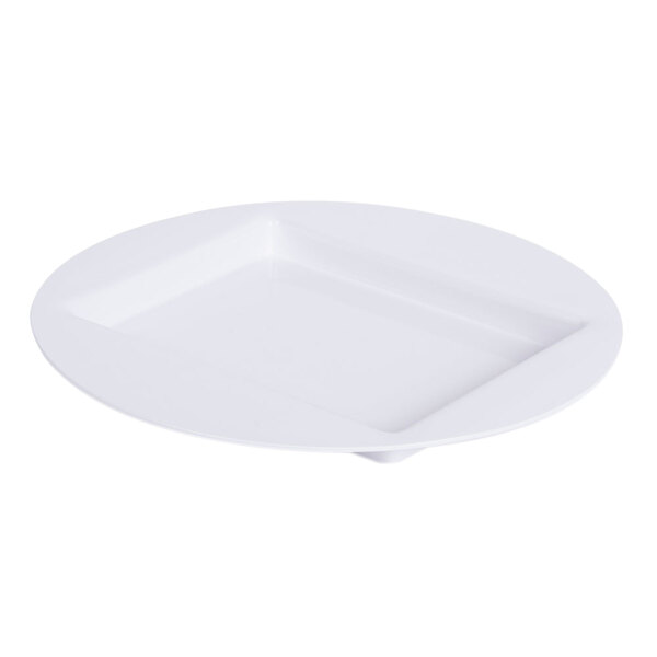 A white round plate with a square center.