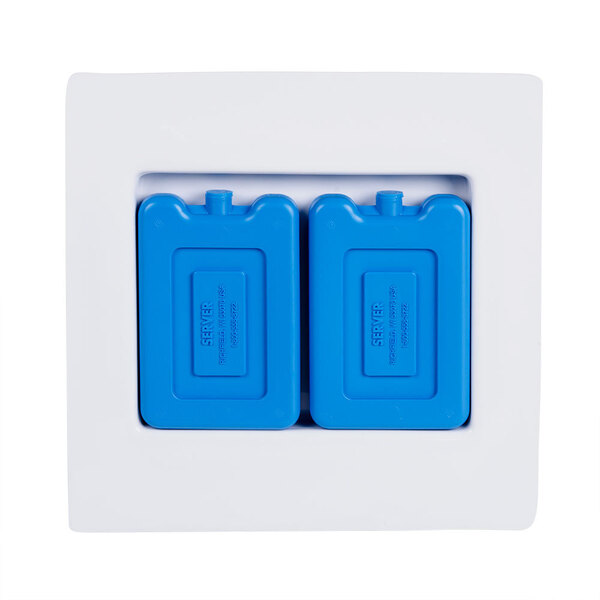 A blue rectangular Cal-Mil cold pack with text on it.