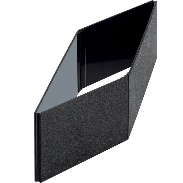 A black Cal-Mil rectangular ice housing with a black cover folded open on a table.