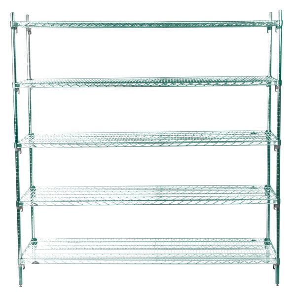 A green Metro wire shelving unit with four shelves.