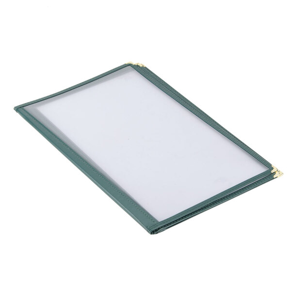 A green Menu Solutions triple panel menu jacket with white sheets inside.