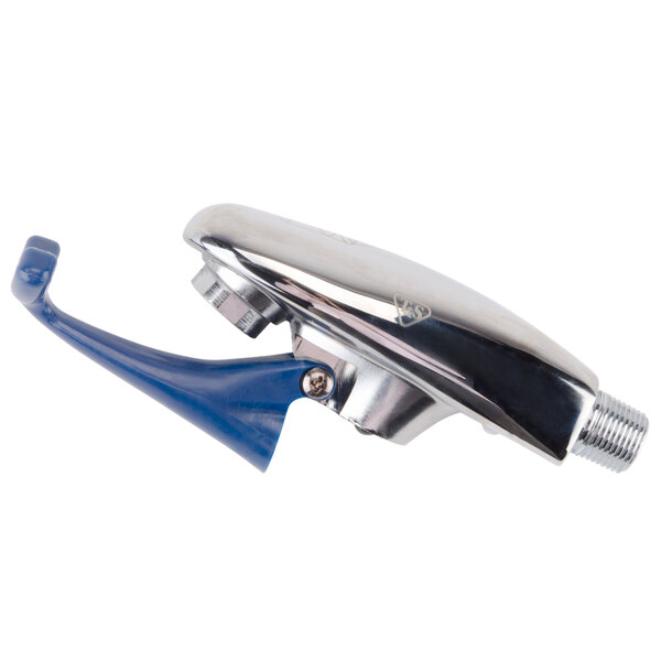 A silver and blue T&S glass filler with a blue handle.