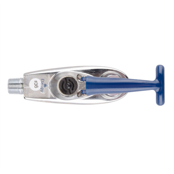 A close-up of a blue and silver T&S B-1205 Push Back Glass Filler handle.