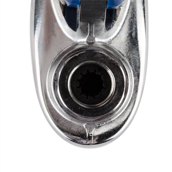 A close up of a T&S metal screwdriver with a blue handle.