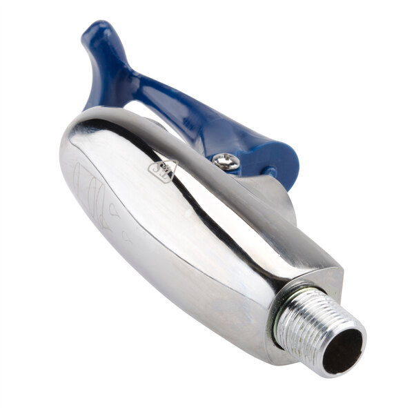A silver and blue T&S push back glass filler with a metal pipe and handle.