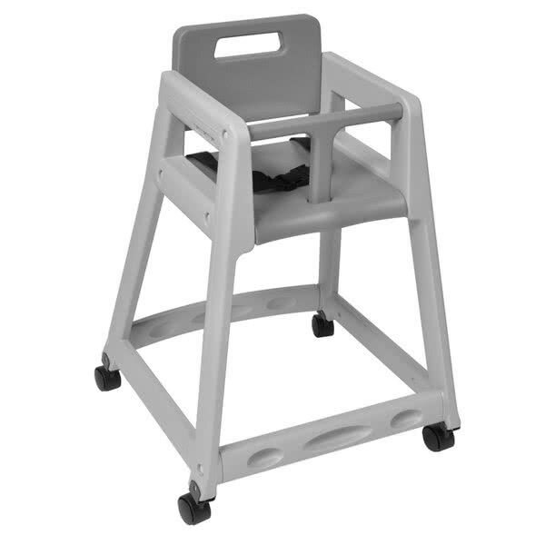 A Koala Kare gray plastic high chair with black wheels.