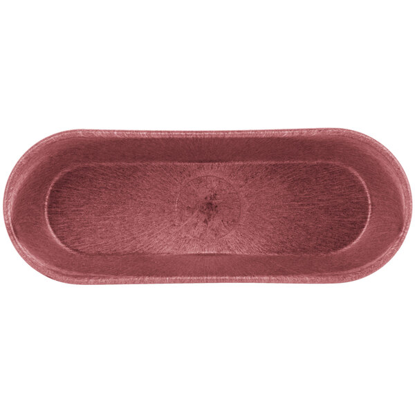 A red oval breadstick basket with a handle.