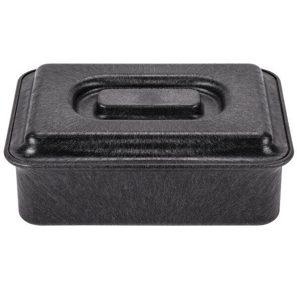 A black plastic HS Inc. tamale server with a lid.