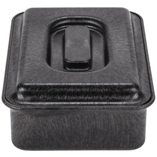 A black plastic HS Inc. tamale server with a lid.