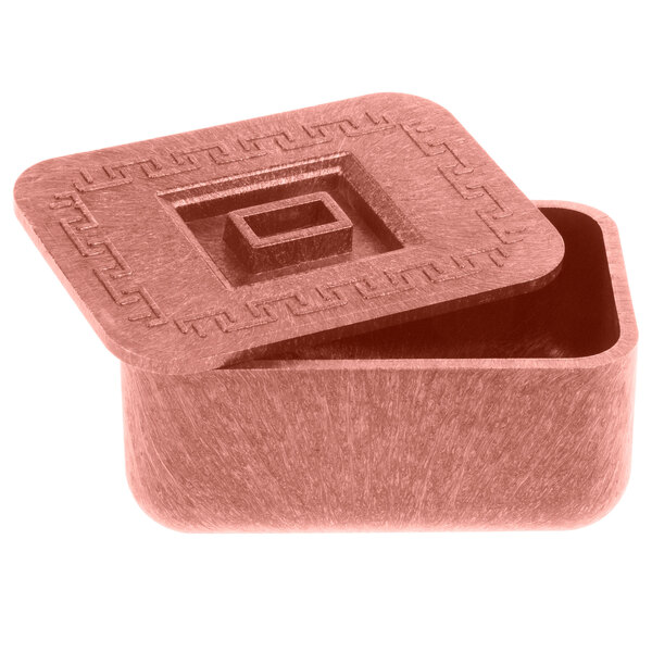 A metal square container with a lid.