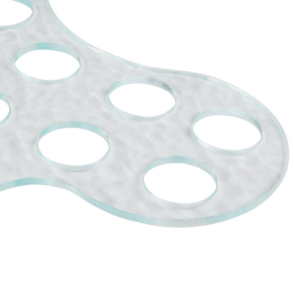 A clear plastic Cal-Mil cone passing tray with holes.