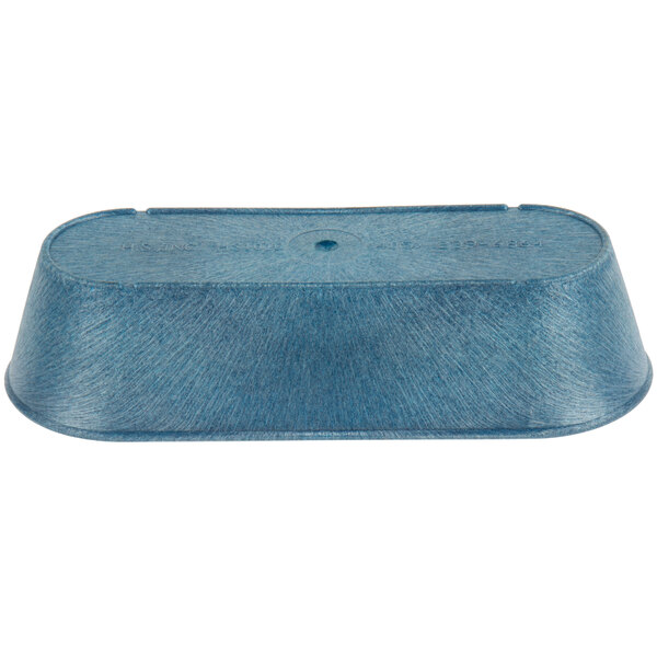 A blue plastic breadstick basket with a handle.