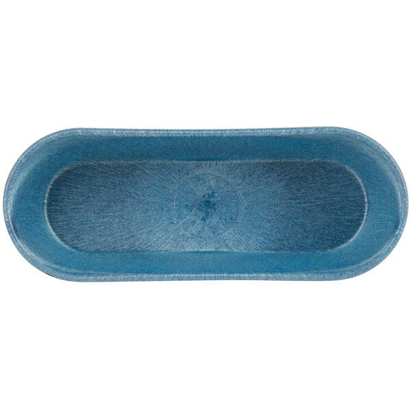A blue oval basket with a hole in the middle.