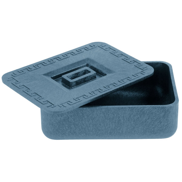 A blue rectangular HS Inc. Blueberry plastic container with a lid.