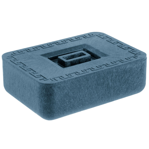 A rectangular blue container with a square opening and lid.